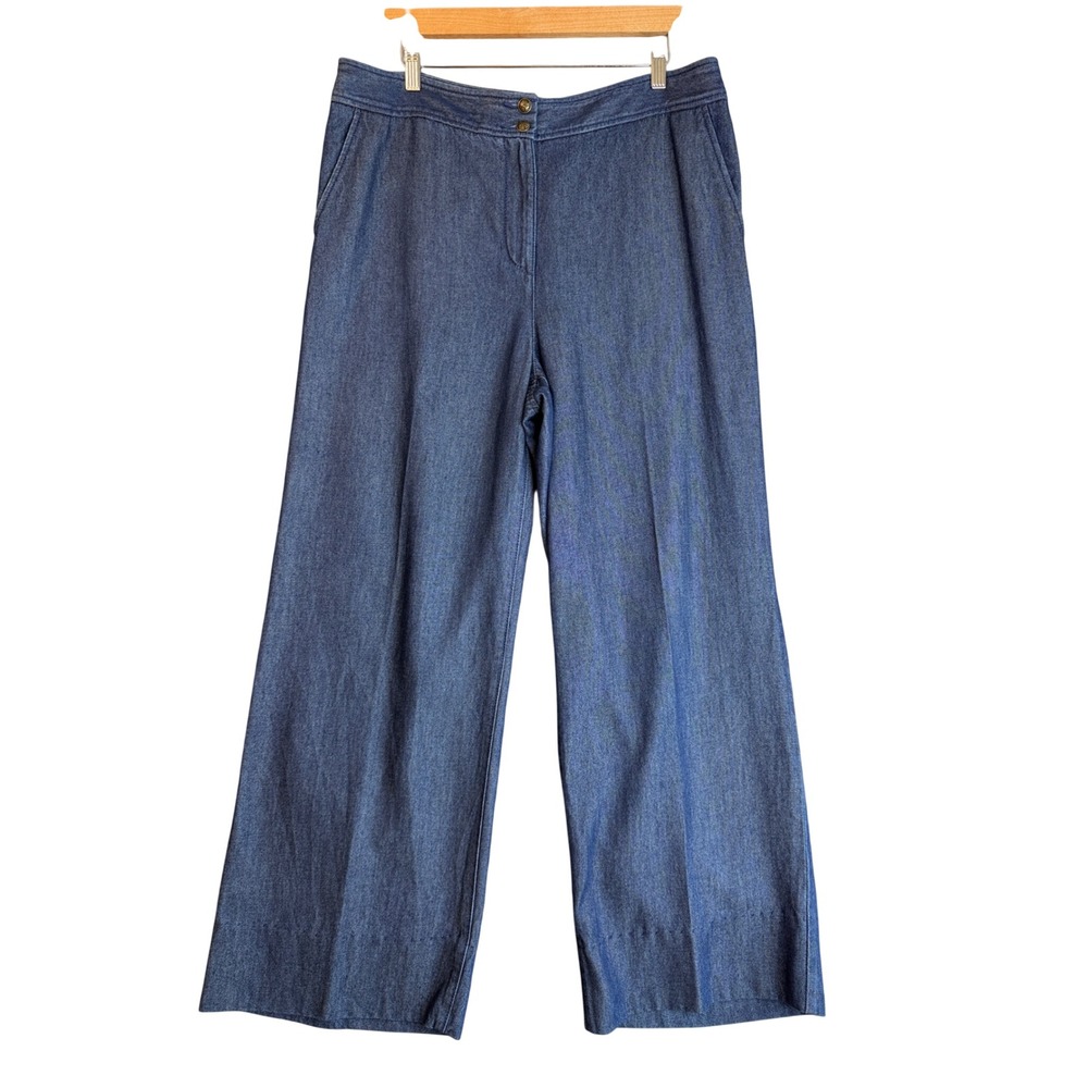 Talbots Wide Leg Denim Trousers Women 14 Dark Blue High Rise Lyocell Cotton Pant